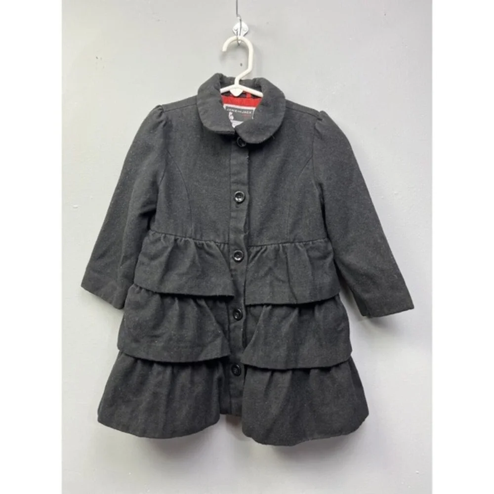 Janie and Jack Girls Charcoal Gray‎ Wool Blend Ruffle Tiered Peacoat Size 4 5